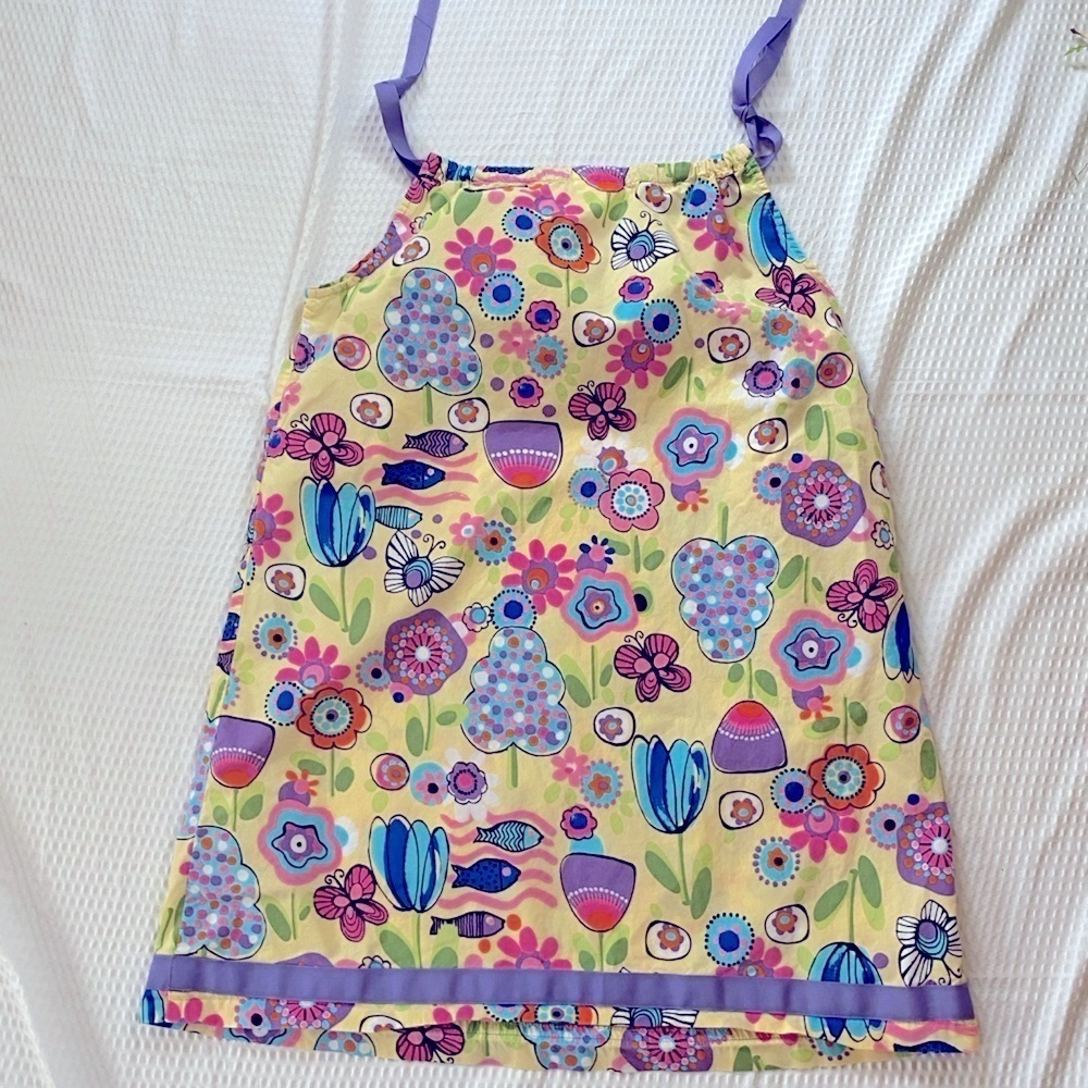 Hanna Anderson Floral Sleeveless Dress Butter Yellow Purple Shoulder Ties